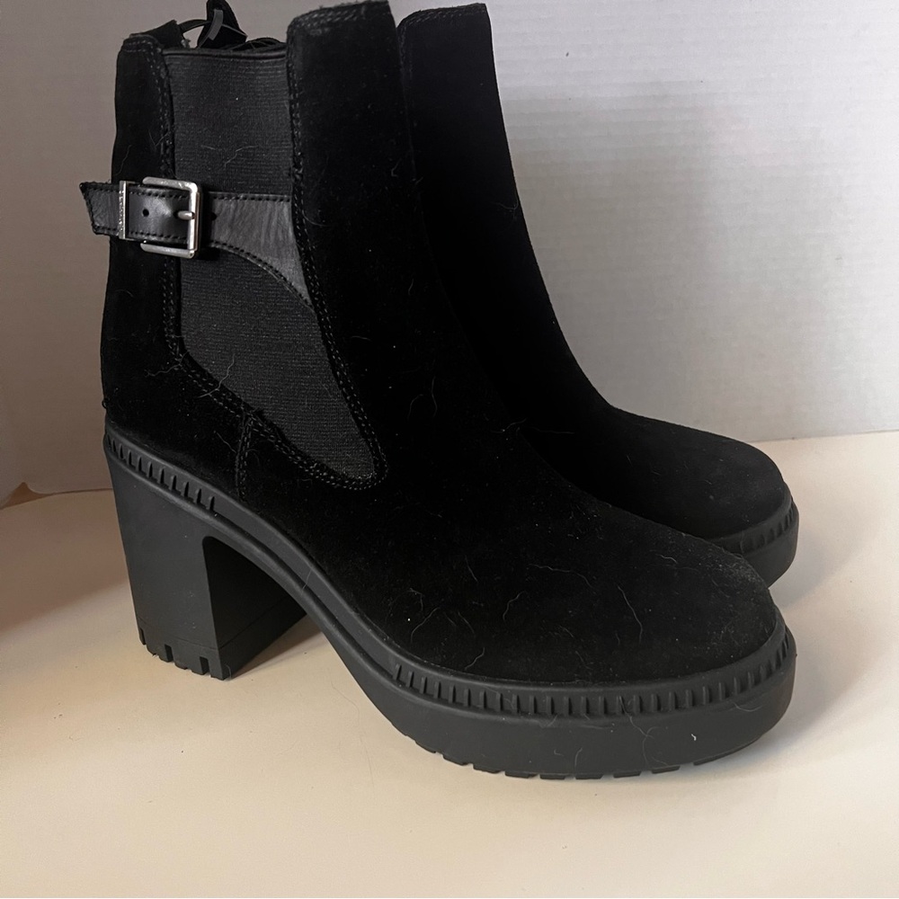 Calvin Klein Fayth Black Suede Heeled Boots with Buckle.